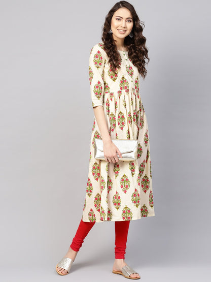 Women's Off-White & Green Printed Midi Fit And Flare Dress