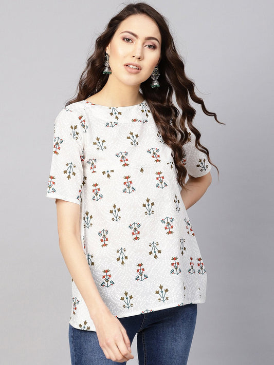 Women's Off-White & Green Printed Empire Top