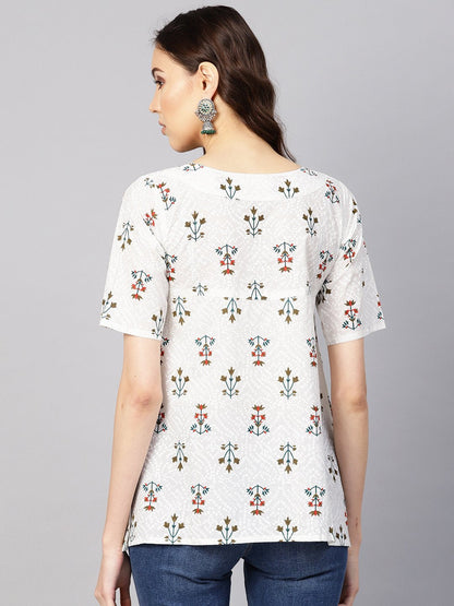 Women's Off-White & Green Printed Empire Top
