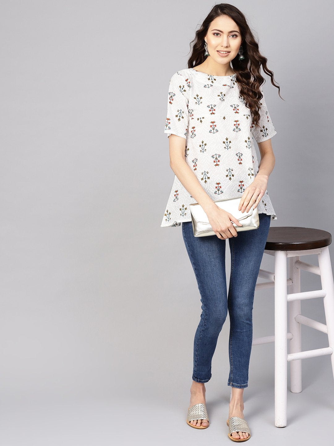 Women's Off-White & Green Printed Empire Top