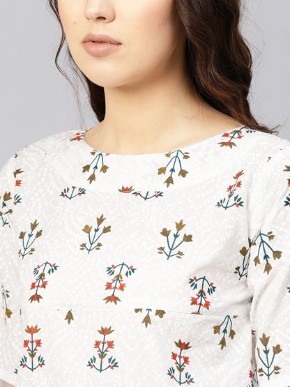 Women's Off-White & Green Printed Empire Top