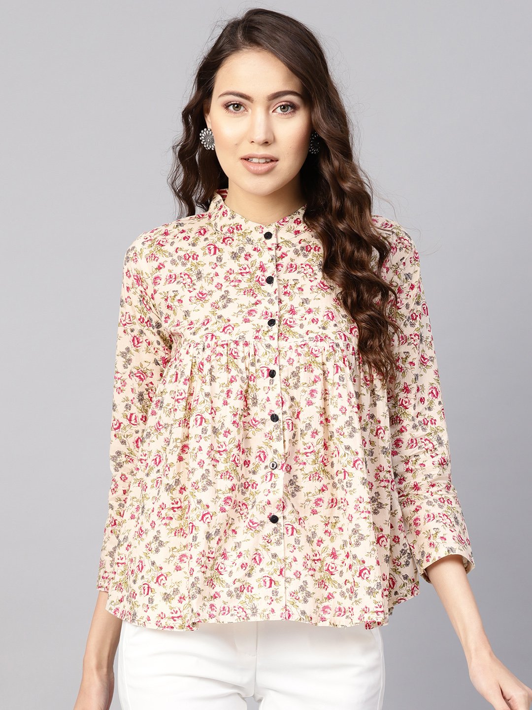 Women's Beige & Pink Printed Shirt Style Top
