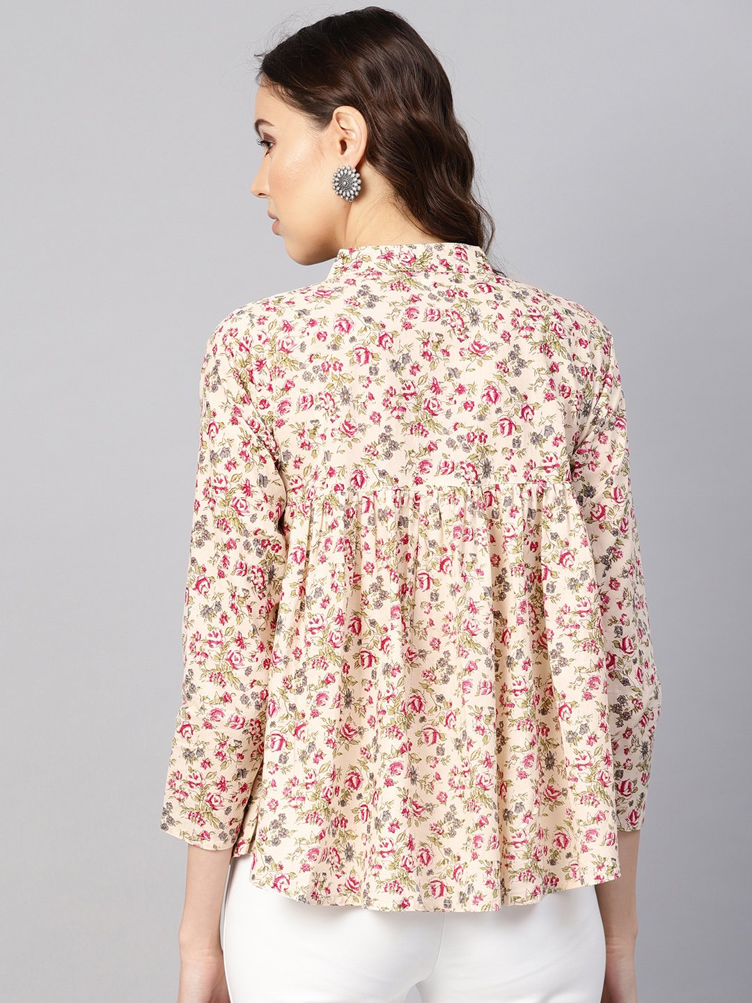 Women's Beige & Pink Printed Shirt Style Top
