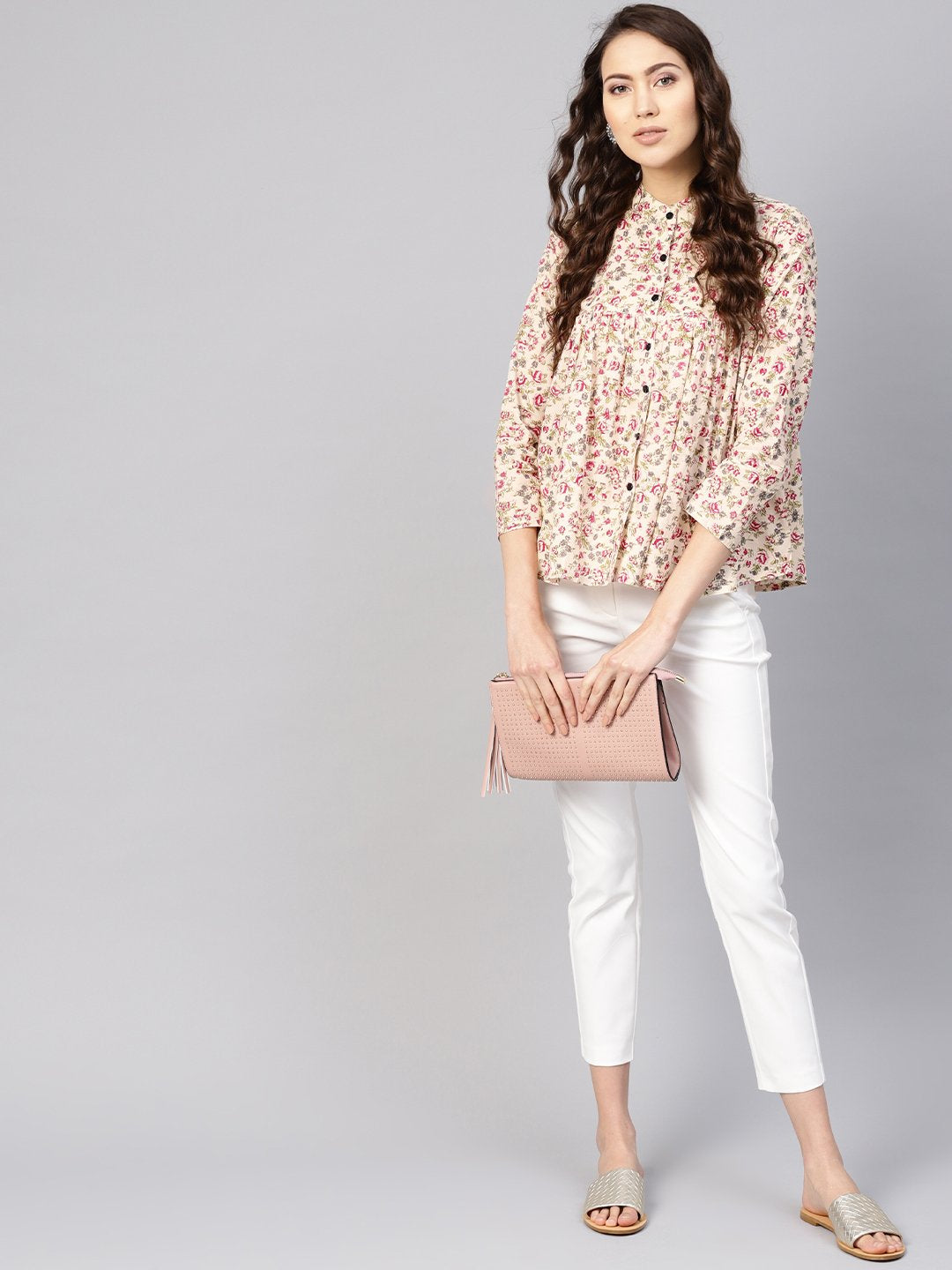 Women's Beige & Pink Printed Shirt Style Top