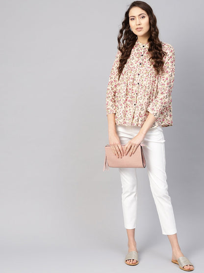 Women's Beige & Pink Printed Shirt Style Top