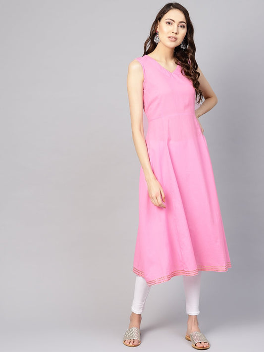 Women's Pink Solid A-Line Kurta