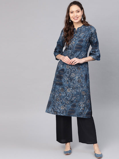 Women's Navy Blue & Golden Printed Straight Kurta