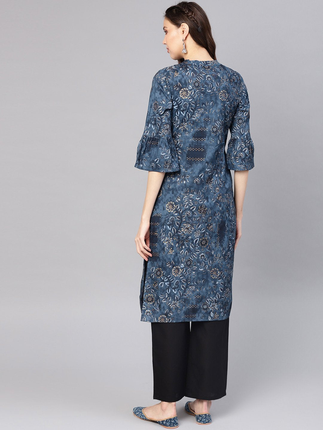 Women's Navy Blue & Golden Printed Straight Kurta