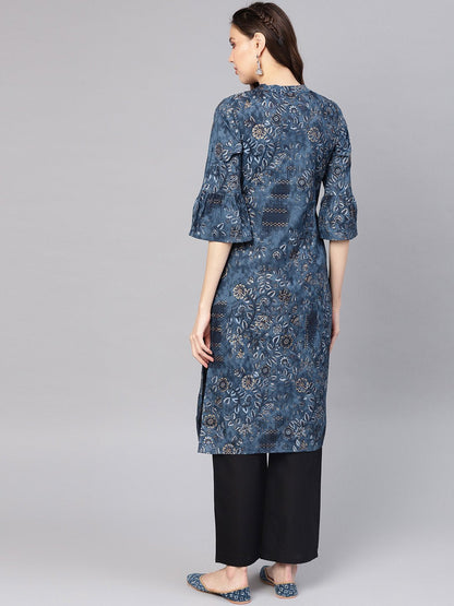 Women's Navy Blue & Golden Printed Straight Kurta