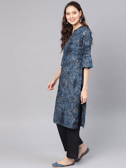 Women's Navy Blue & Golden Printed Straight Kurta