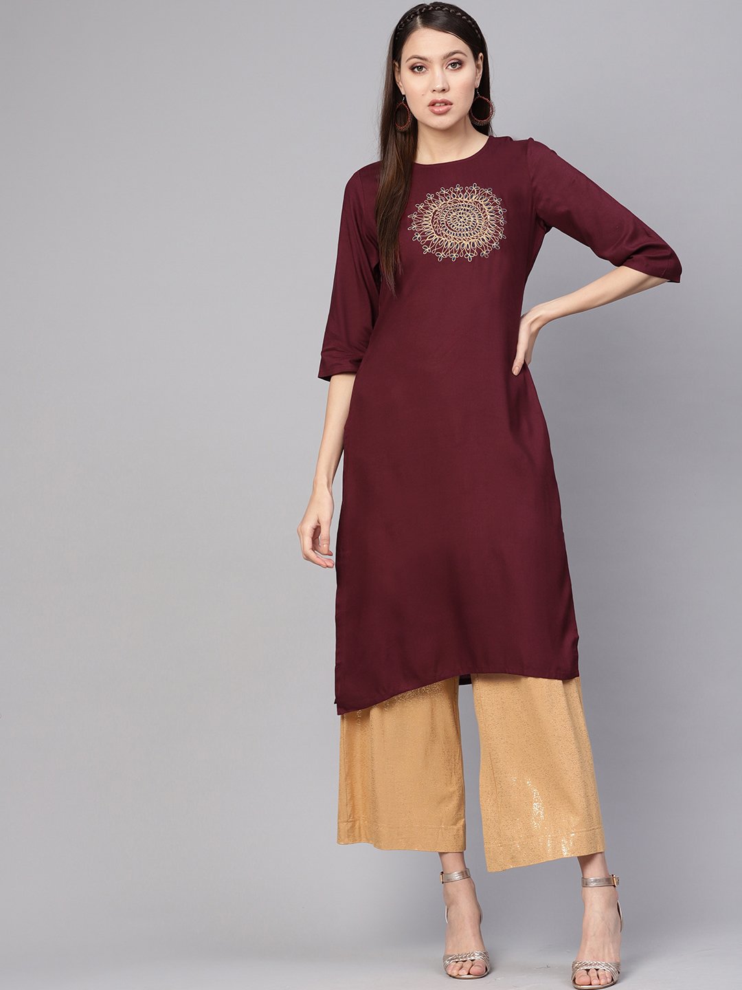 Women's Burgundy Yoke Design Straight Kurta