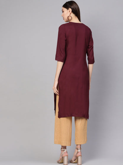 Women's Burgundy Yoke Design Straight Kurta