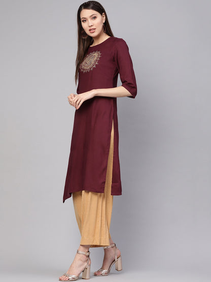 Women's Burgundy Yoke Design Straight Kurta