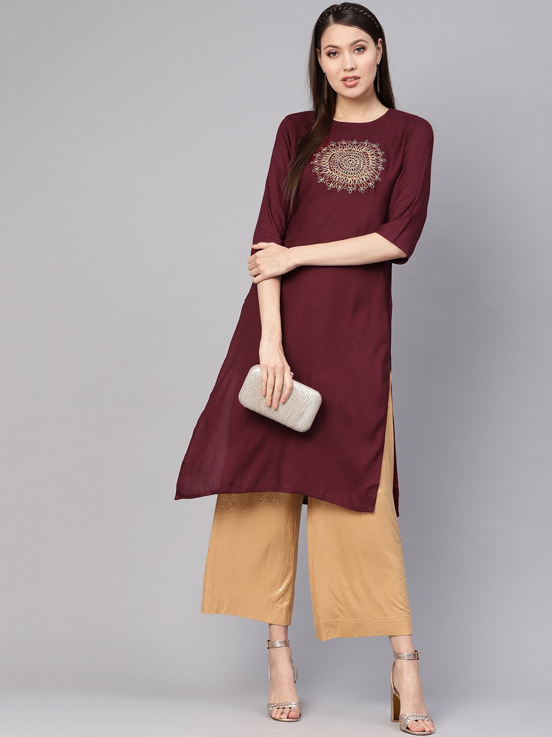Women's Burgundy Yoke Design Straight Kurta