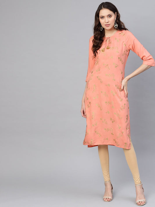 Women's Peach-Coloured & Golden Khari Printed Straight Kurta