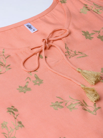 Women's Peach-Coloured & Golden Khari Printed Straight Kurta