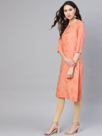 Women's Peach-Coloured & Golden Khari Printed Straight Kurta