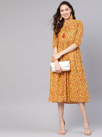 Women's Mustard Yellow & Red Printed A-Line Dress