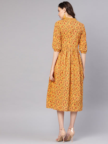 Women's Mustard Yellow & Red Printed A-Line Dress