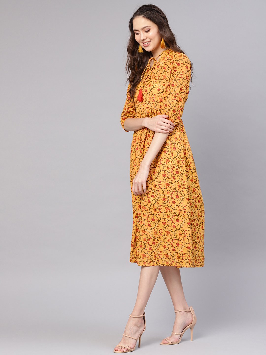 Women's Mustard Yellow & Red Printed A-Line Dress