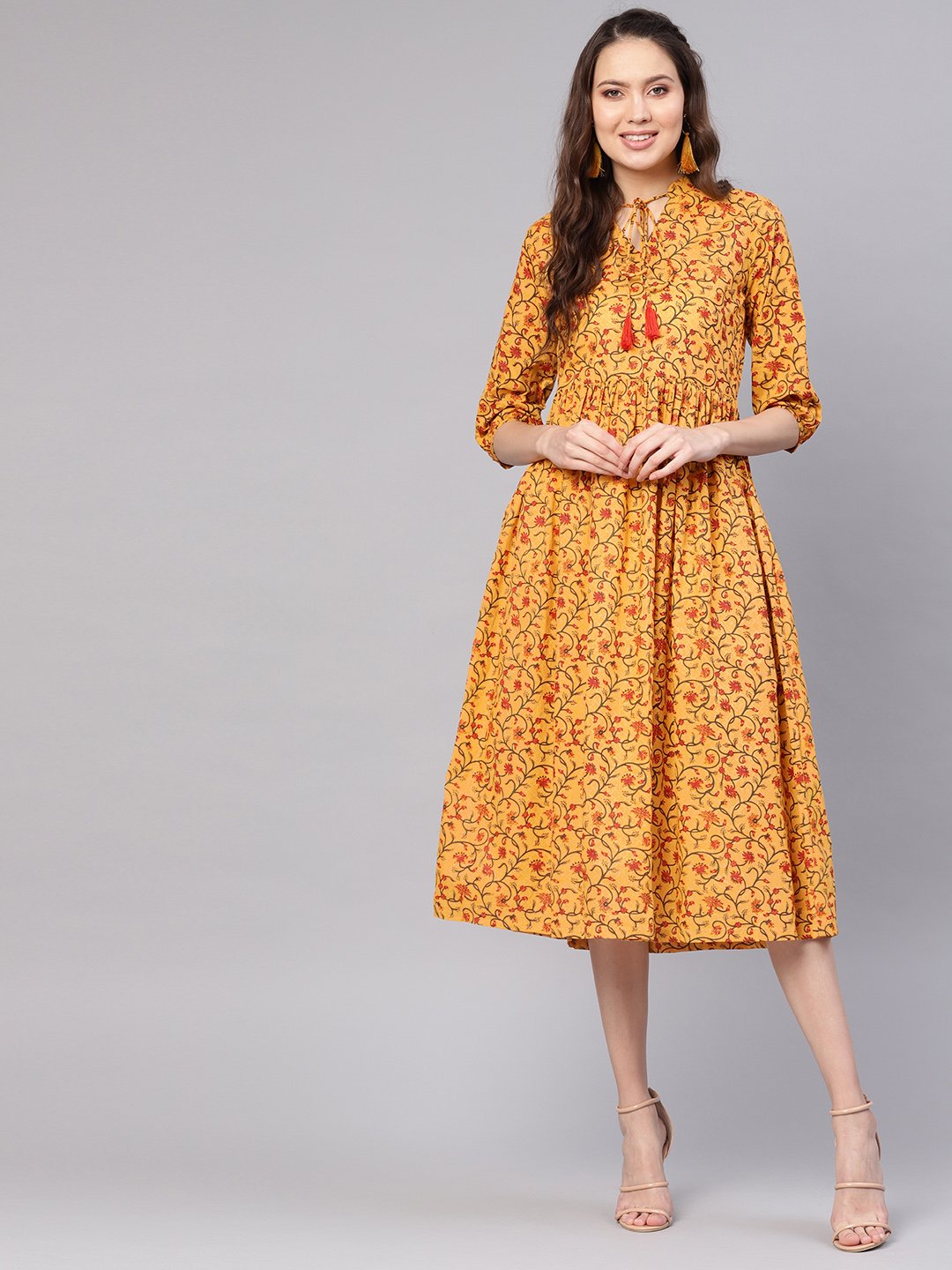 Women's Mustard Yellow & Red Printed A-Line Dress