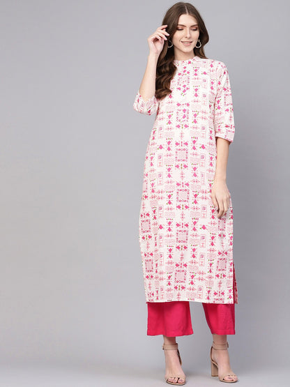 Women's White & Pink Printed Straight Kurta