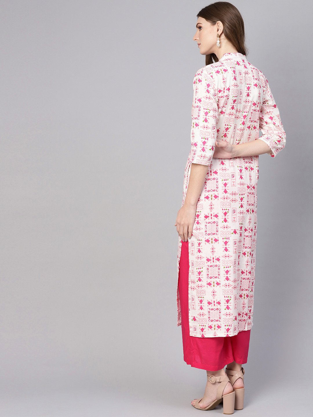 Women's White & Pink Printed Straight Kurta