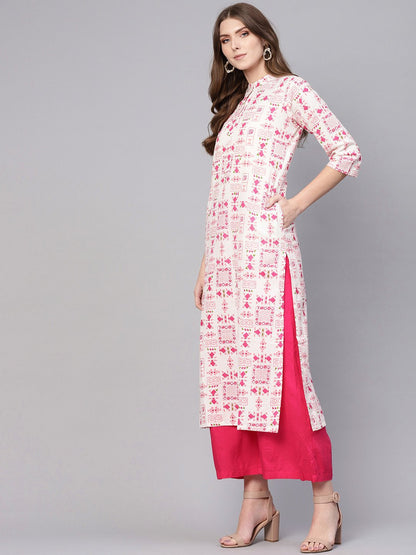 Women's White & Pink Printed Straight Kurta