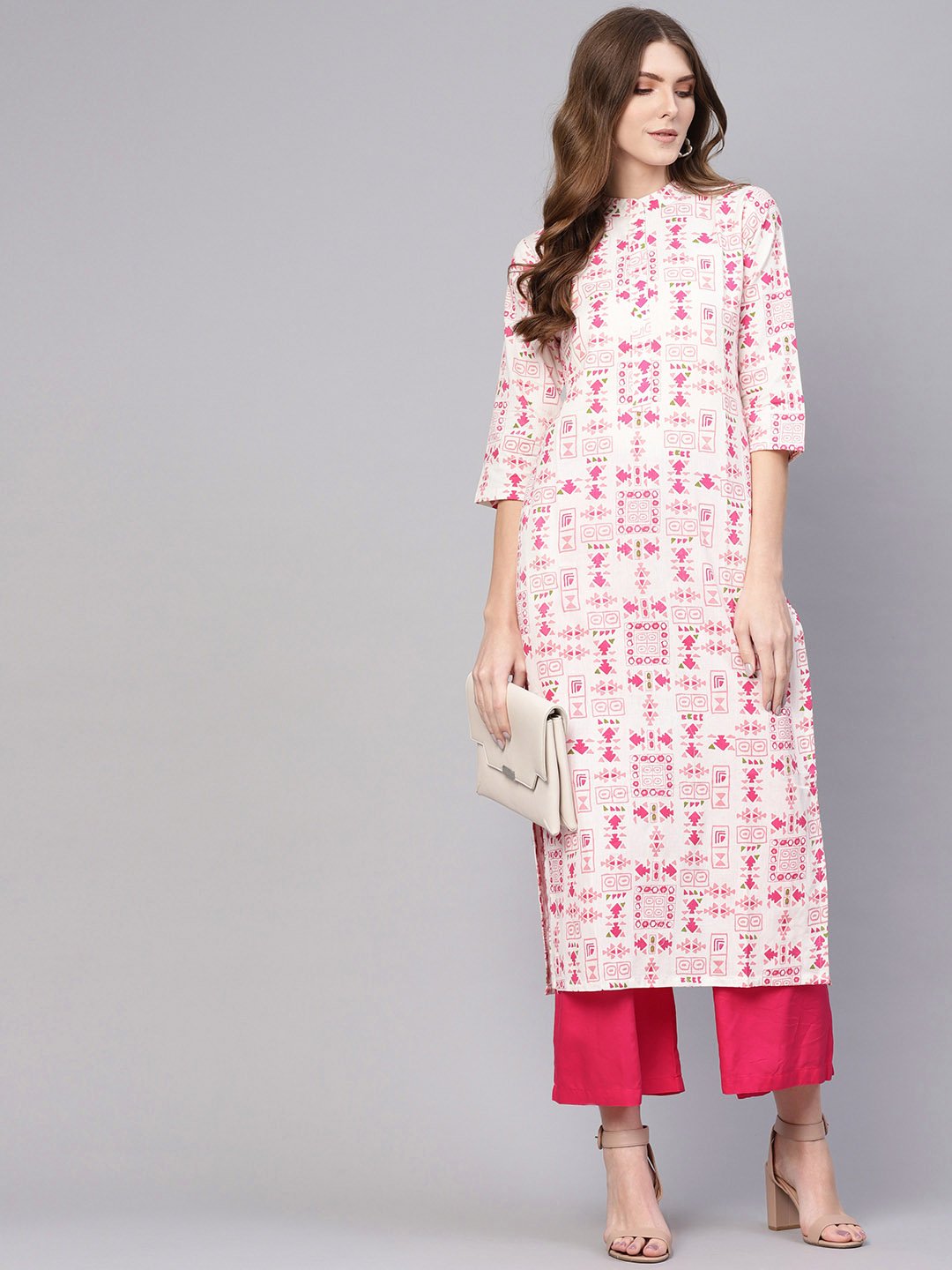Women's White & Pink Printed Straight Kurta