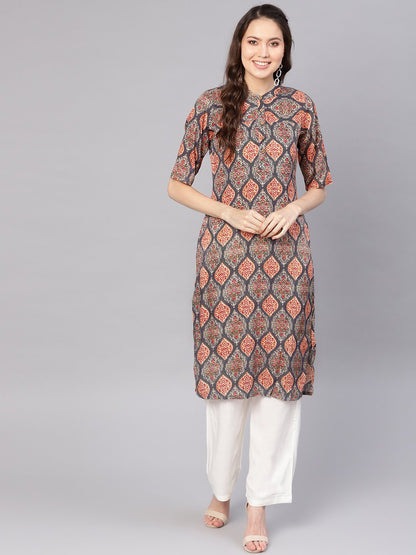 Women's Grey & White Printed Kurta With Palazzos