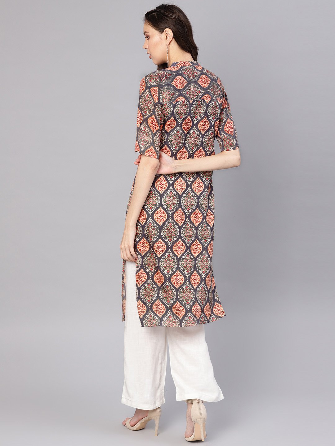 Women's Grey & White Printed Kurta With Palazzos