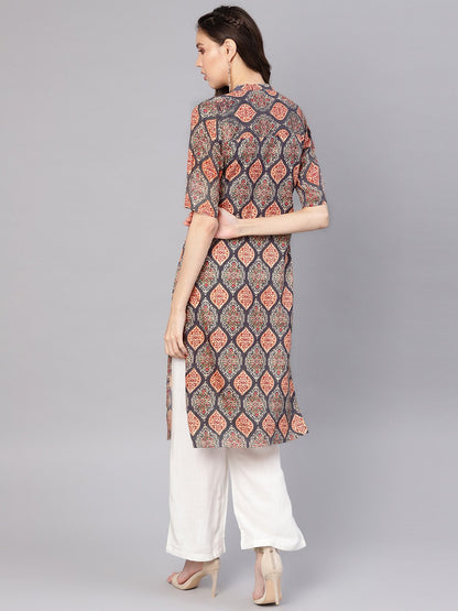 Women's Grey & White Printed Kurta With Palazzos