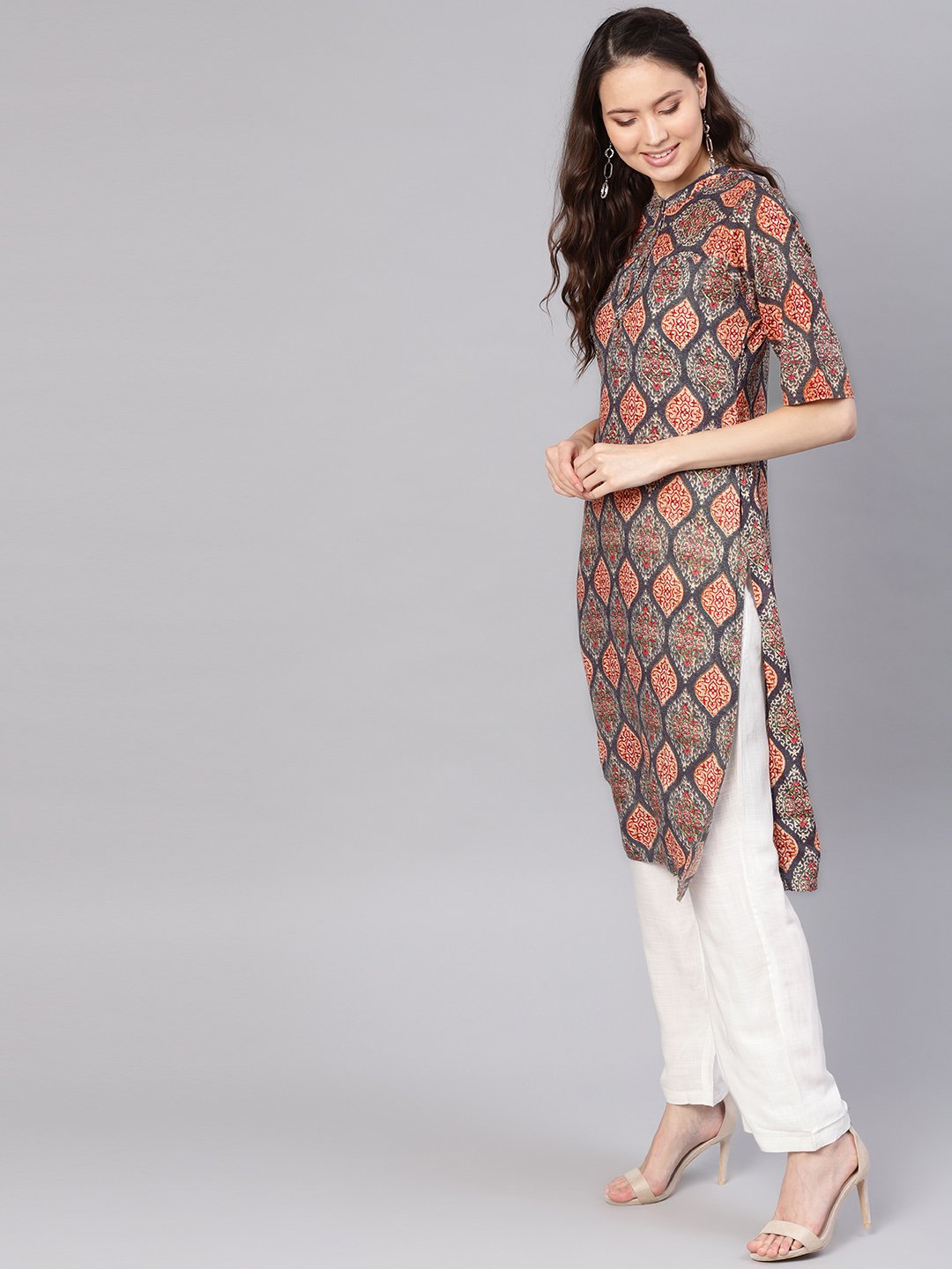 Women's Grey & White Printed Kurta With Palazzos
