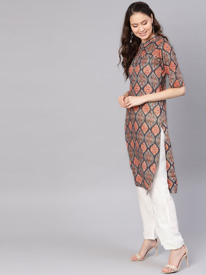 Women's Grey & White Printed Kurta With Palazzos