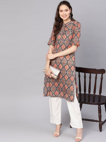 Women's Grey & White Printed Kurta With Palazzos