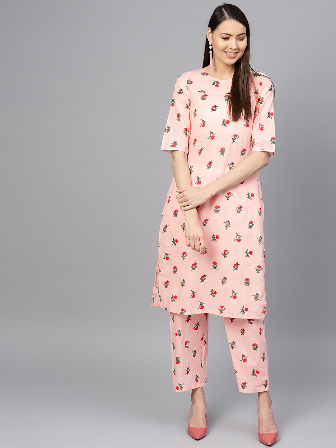 Women's Peach-Coloured & Red Printed Kurta With Palazzos