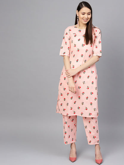 Women's Peach-Coloured & Red Printed Kurta With Palazzos