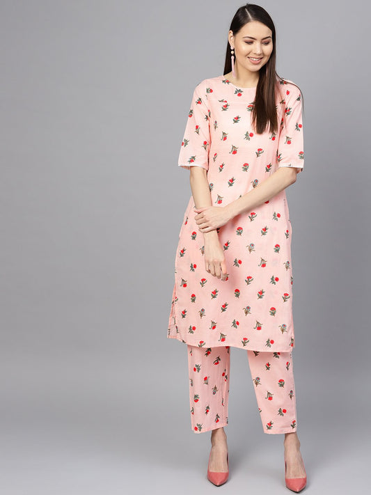 Women's Peach-Coloured & Red Printed Kurta With Palazzos
