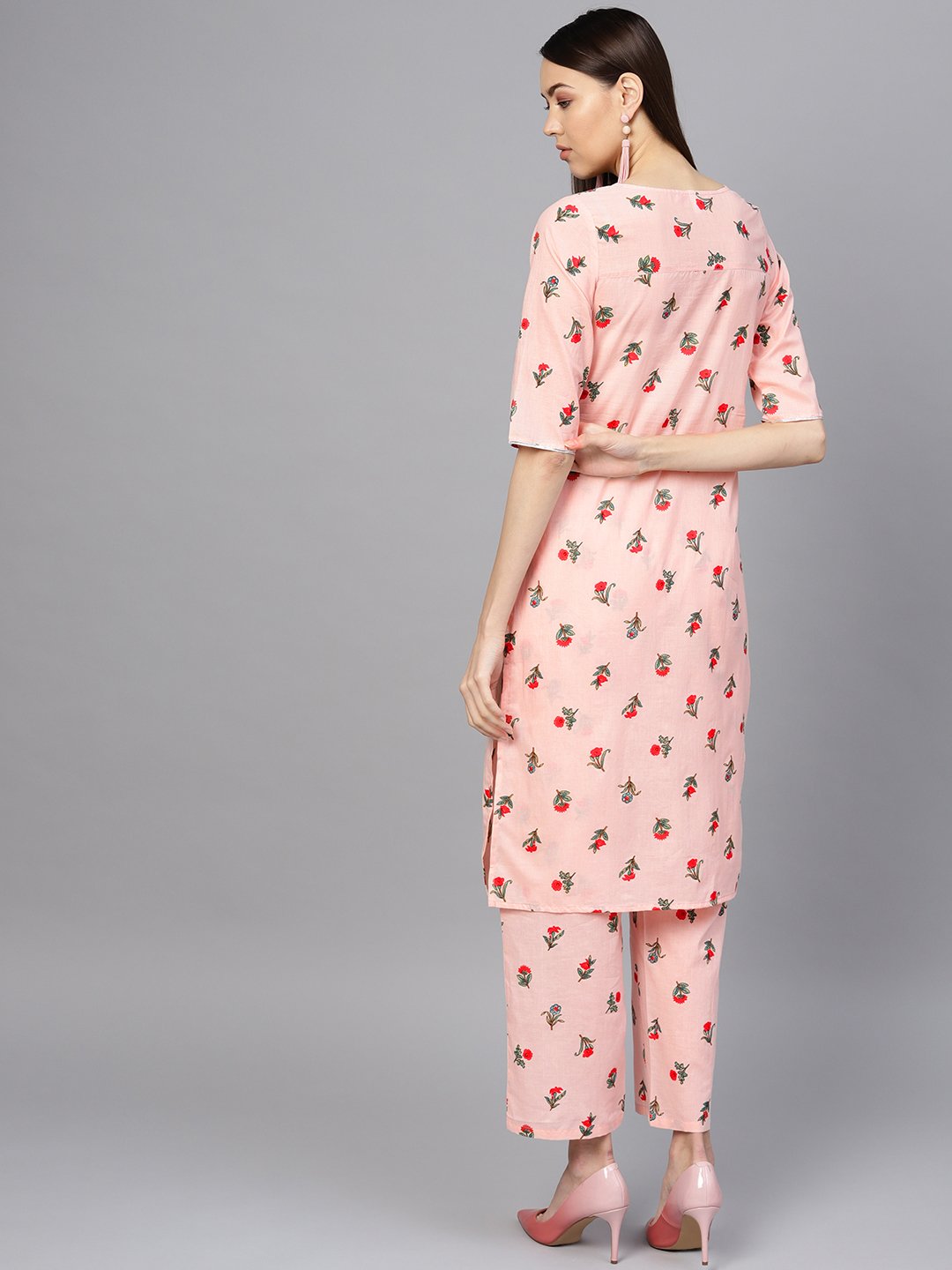 Women's Peach-Coloured & Red Printed Kurta With Palazzos