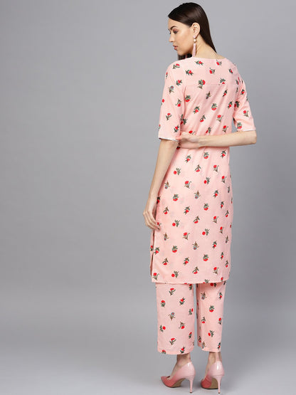 Women's Peach-Coloured & Red Printed Kurta With Palazzos