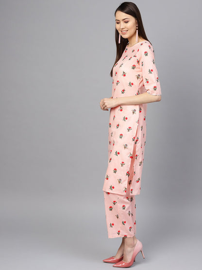 Women's Peach-Coloured & Red Printed Kurta With Palazzos