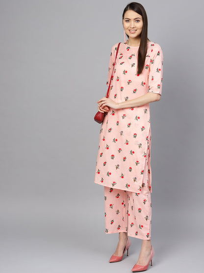 Women's Peach-Coloured & Red Printed Kurta With Palazzos