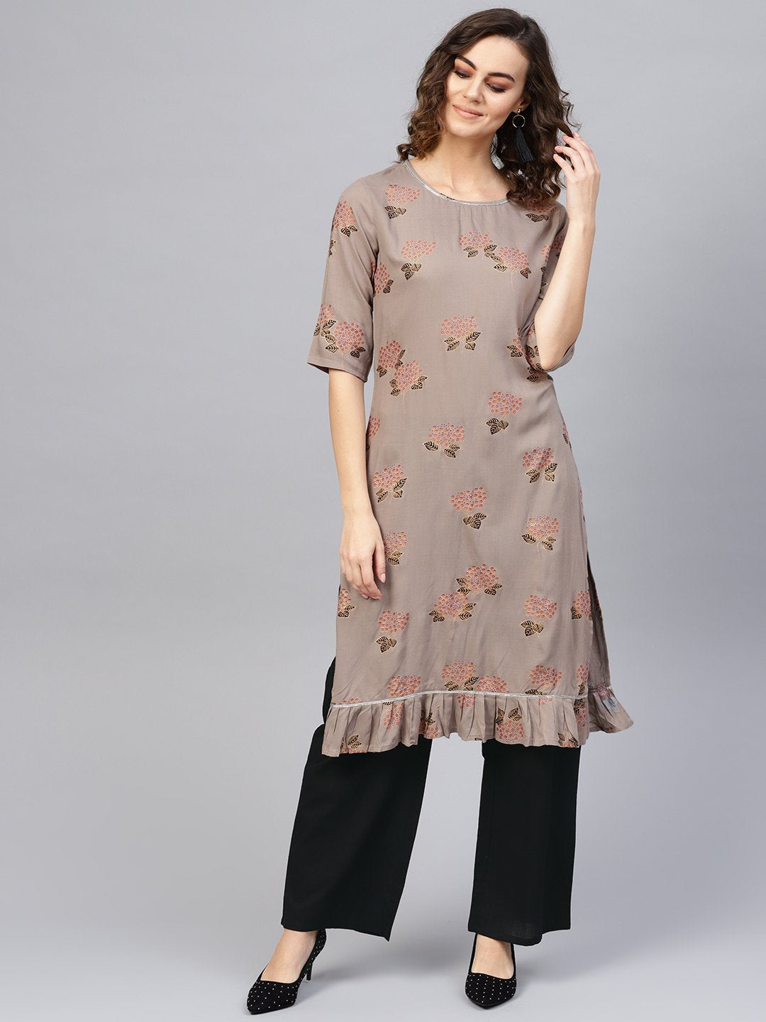 Women's Taupe & Black Printed Kurta With Palazzos