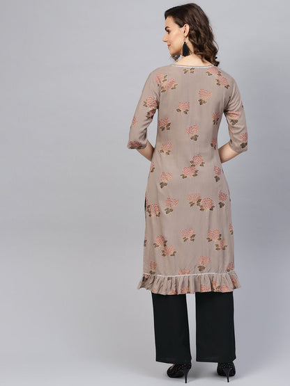 Women's Taupe & Black Printed Kurta With Palazzos
