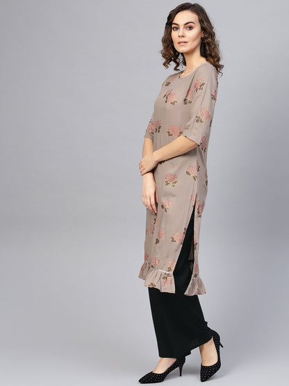Women's Taupe & Black Printed Kurta With Palazzos