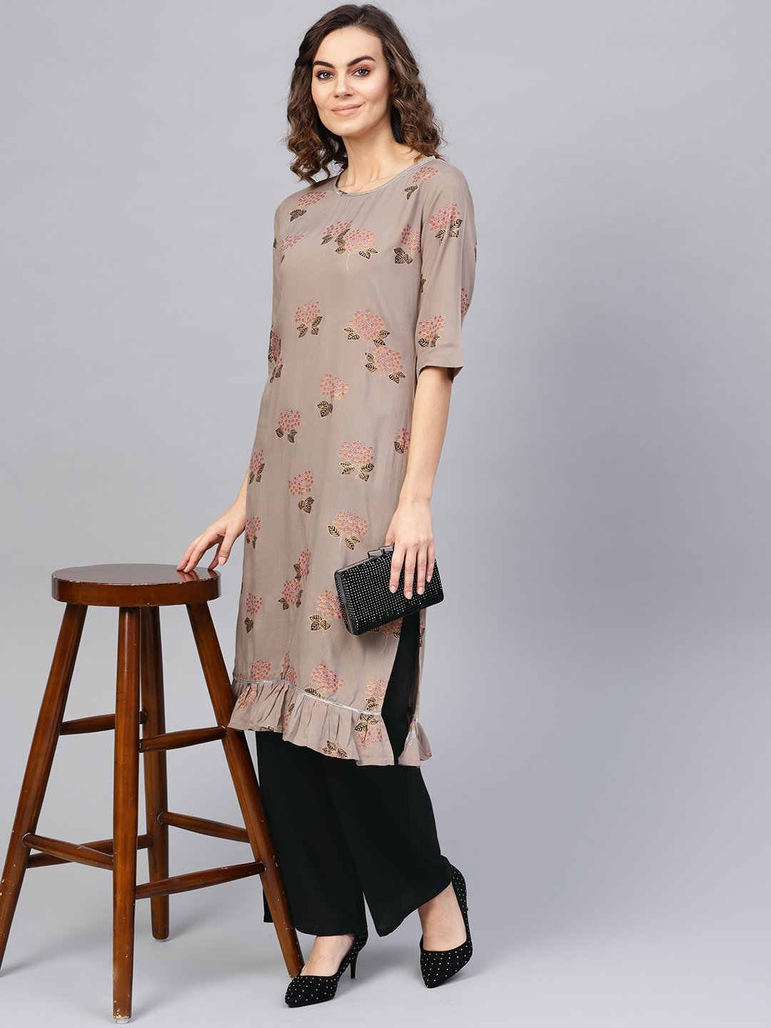 Women's Taupe & Black Printed Kurta With Palazzos