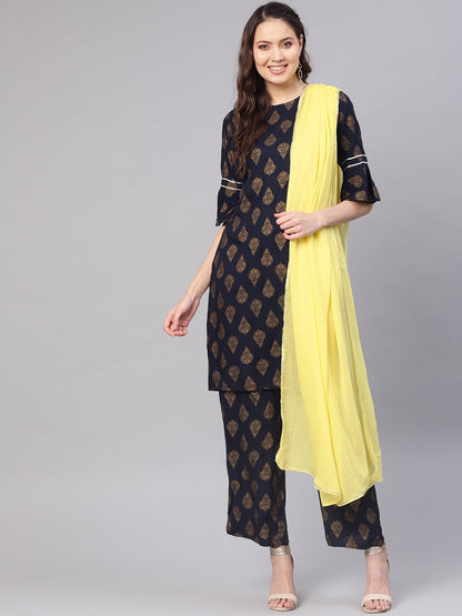 Women's Navy Blue & Golden Printed Kurta With Palazzos & Dupatta
