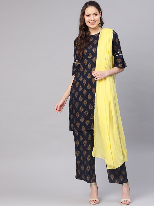 Women's Navy Blue & Golden Printed Kurta With Palazzos & Dupatta
