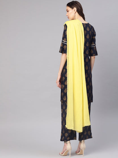 Women's Navy Blue & Golden Printed Kurta With Palazzos & Dupatta