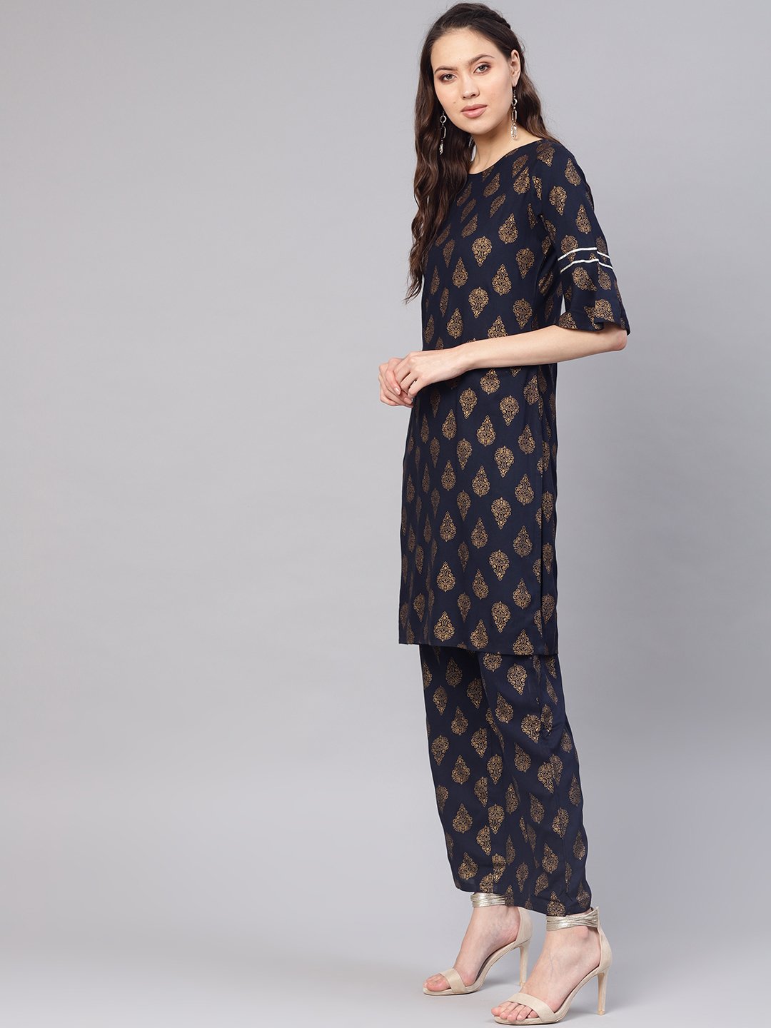 Women's Navy Blue & Golden Printed Kurta With Palazzos & Dupatta